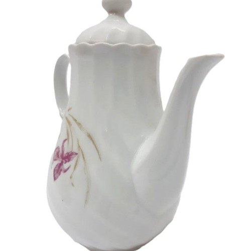 Vintage porcelain coffee pot with lid used, floral pink and gold