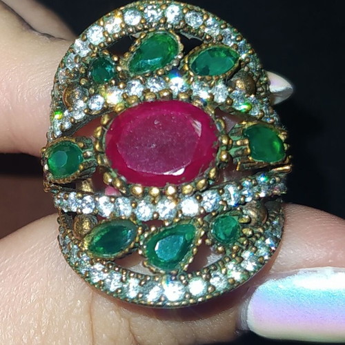 Ring decorated with rubies, emeralds and zirconia, size 7