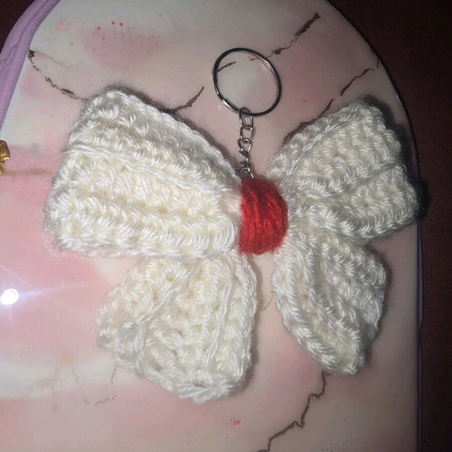 Handmade knitted keychain new, white with red