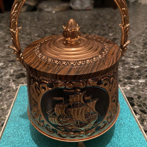 Vintage Metal Cookie Jar with Gold Bronze Handle and Ship Design
