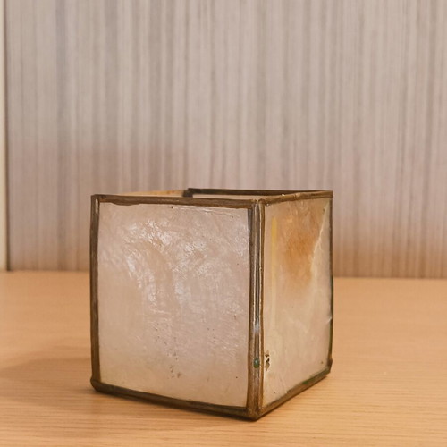 Vintage Boho Capiz Shell and Metal Cube Candle Holder