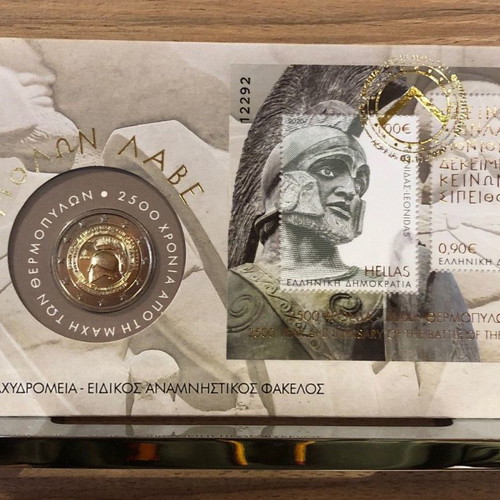 Commemorative folder with 2€ coin and stamps 2500 years Battle of Thermopylae 2020 new