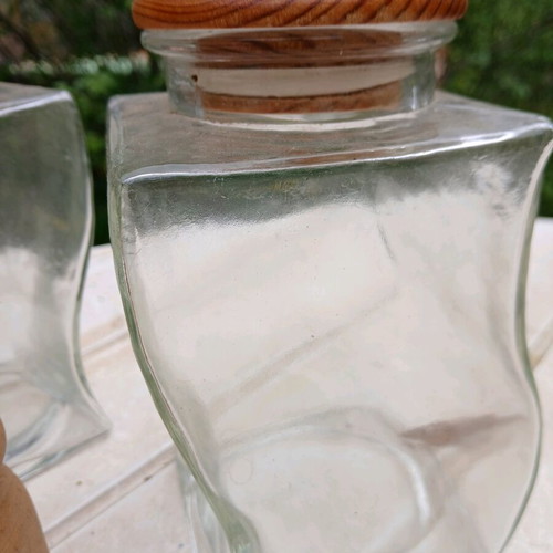 Glass vases like new with wooden lids and cork-topped jar