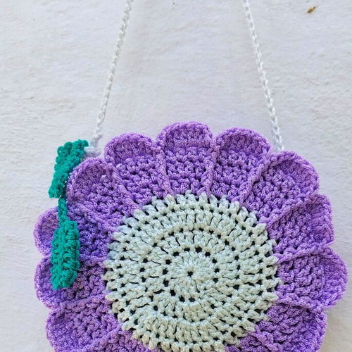 Handmade knitted girls' bag new, purple and white
