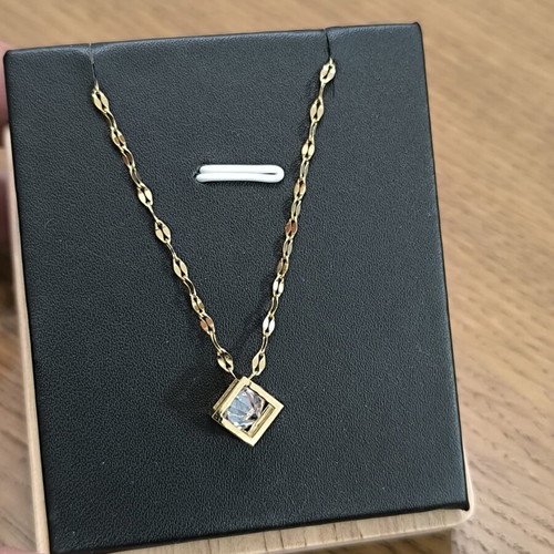 Gold Color Necklace with Geometric Cube Pendant and White Zircon Stone