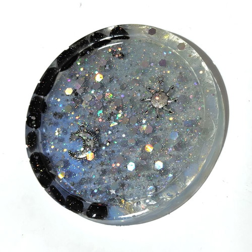 Glittery Sun & Moon Coaster with crystals like new, obsidian and opalites