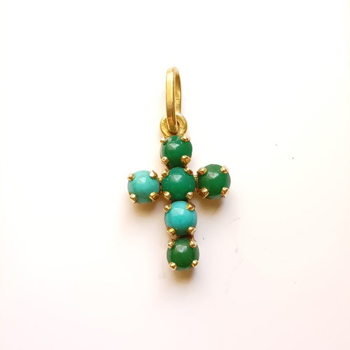 Gold Cross K18 Miniature with Turquoise and Chrysoprase like new