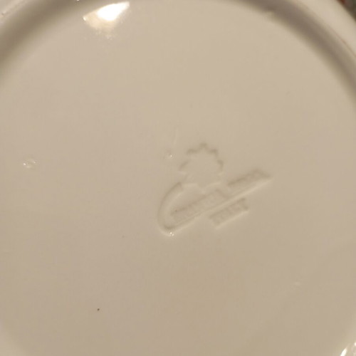 Ceramic vintage bowl used, white with black and pink decorative lines