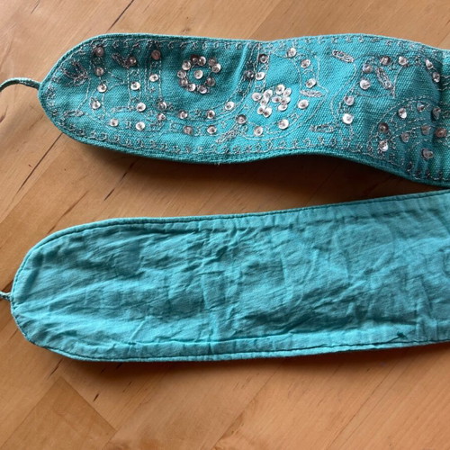 Blue fabric belt with rhinestones used, adjustable