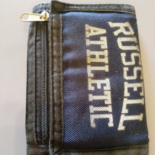 Russell Athletic wallet used, dark blue tri-fold with Velcro