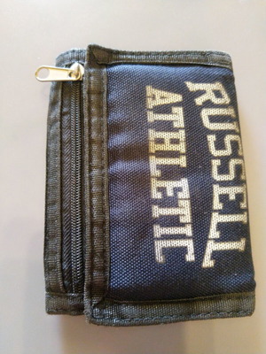 Russell Athletic wallet used, dark blue tri-fold with Velcro