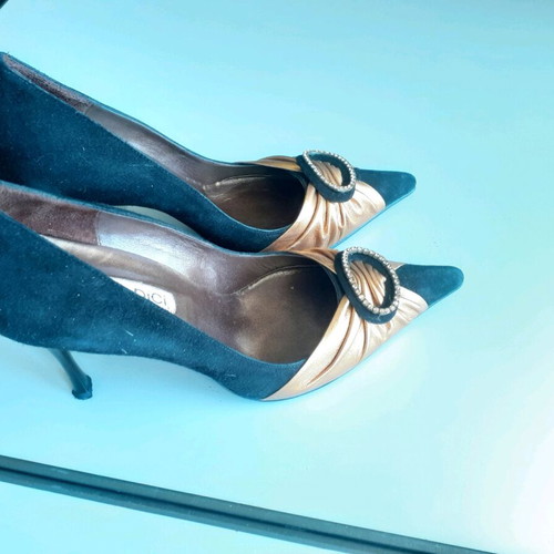 Women's shoes black suede and gold leather pumps like new