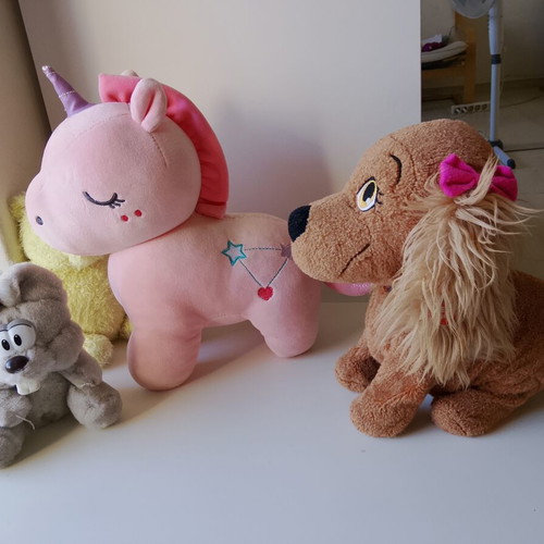 Set of 4 Plush Toys including Interactive Dog with Sound, Unicorn, Winnie & Mouse