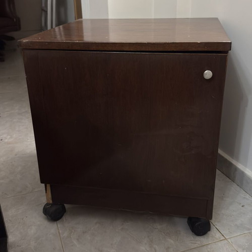 Vintage nightstand with wheels, dark brown, metal handle
