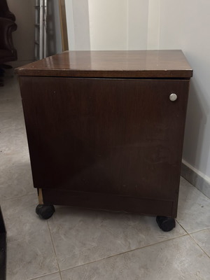 Vintage nightstand with wheels, dark brown, metal handle