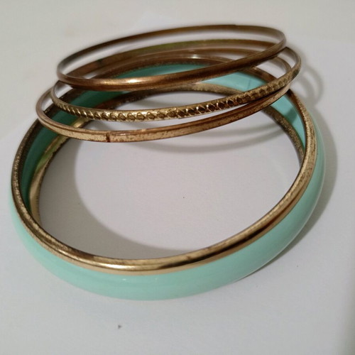 Brass retro vintage bracelets used, set of 4, blue enamel
