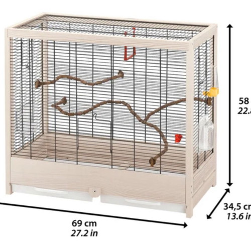 Wooden birdcage used with steel bars and plastic door