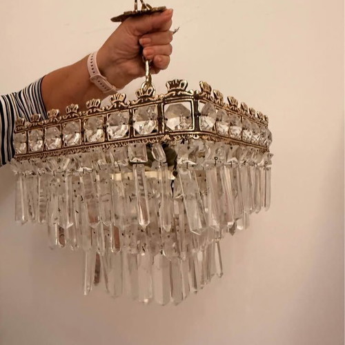Brass chandelier with crystals like new, square design