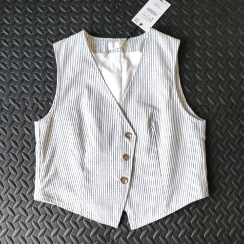 Zara women's vest white with blue stripes and metallic thread new