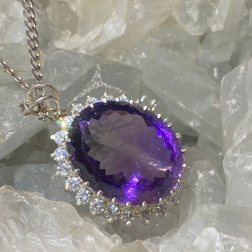Silver pendant with large cut natural amethyst stone and moissanites, new