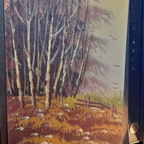 Vintage painting autumn landscape on hardboard signed Th. Jonsson