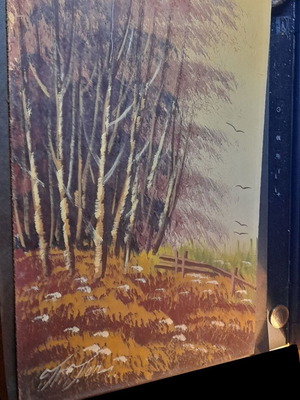Vintage painting autumn landscape on hardboard signed Th. Jonsson