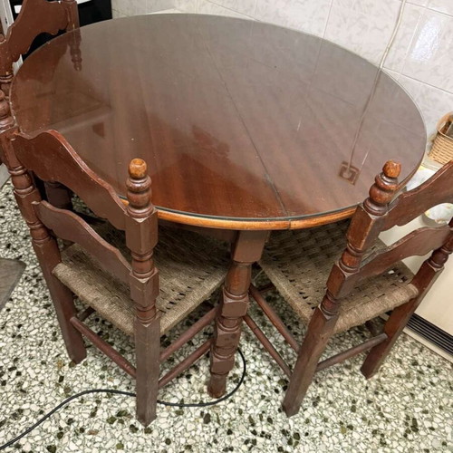 Vintage wooden dining set round table with 4 chairs and glass used