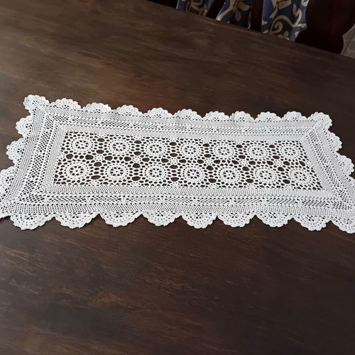 Crocheted Table Runner like new, white with sun pattern