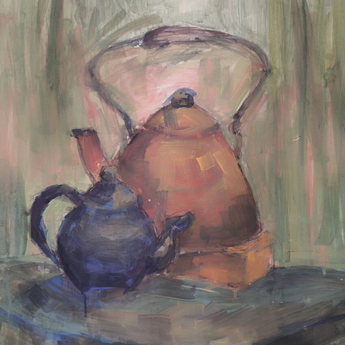 Original Acrylic Painting on Cardboard with Teapots, like new, 70x50 cm