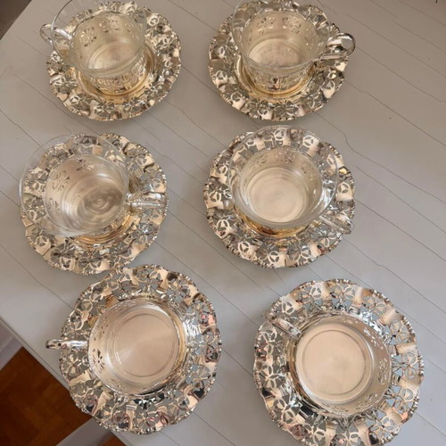 Vintage tea set 6 cups with glass and perforated metal bases like new