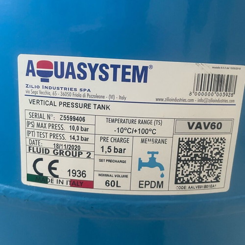 Aquasystem VAV60 Expansion Tank 60L Vertical Pressure Tank Like New