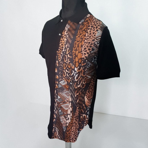 Black Polo Shirt with Leopard and Ethnic Split Pattern, New, Size L