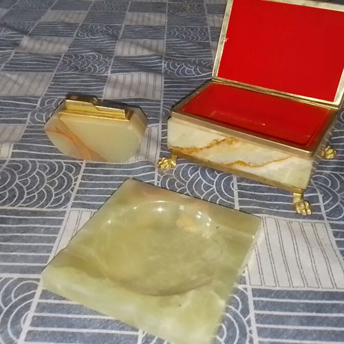 Vintage ashtray, lighter and jewelry box set from green onyx