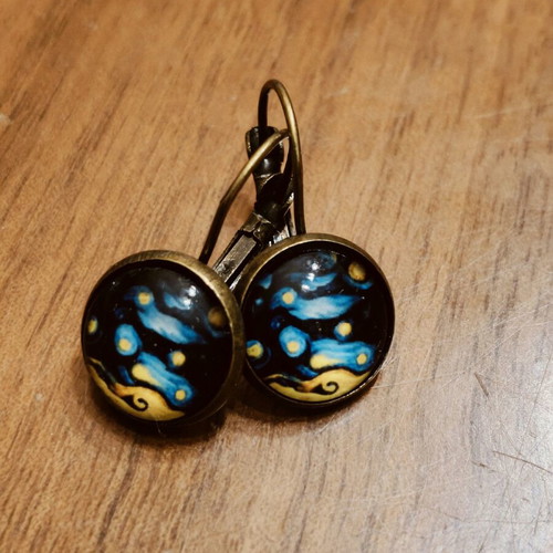 Vintage hanging earrings blue with bronze base and 12mm glass new