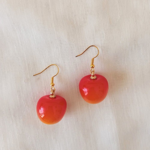 Cherry dangle earrings new, acrylic resin, orange and gold