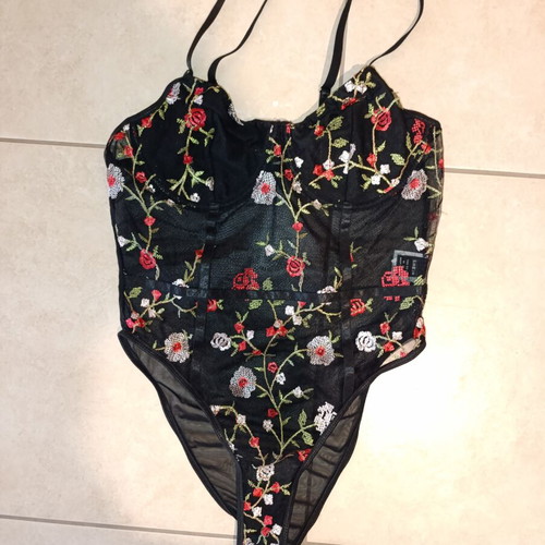 Shein embroidered semi-transparent bodysuit medium, black and red