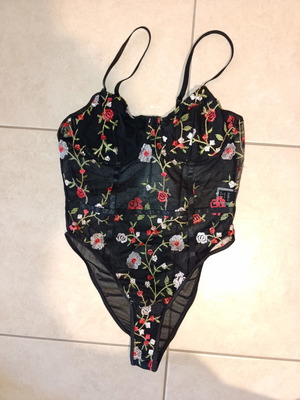 Shein embroidered semi-transparent bodysuit medium, black and red