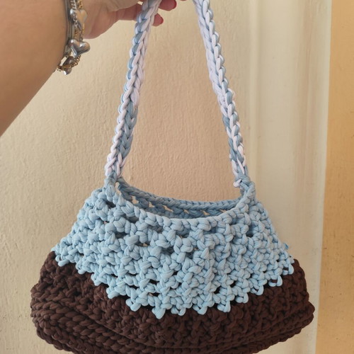 Handmade knitted shoulder bag new, brown and turquoise