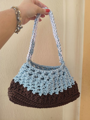 Handmade knitted shoulder bag new, brown and turquoise
