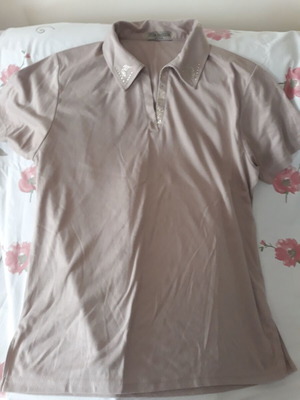 Women's polo shirt in taupe color with rhinestone details on collar like new