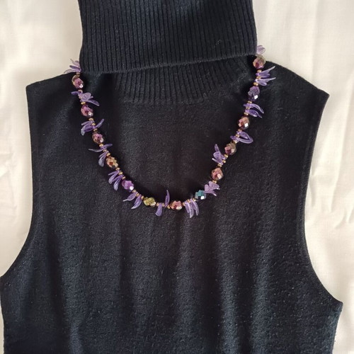 Medium-length necklace used, purple stones in two shapes