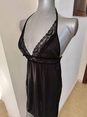 Babydoll μαύρο με δαντέλα και εσώρουχο σατέν σαν καινούργιο