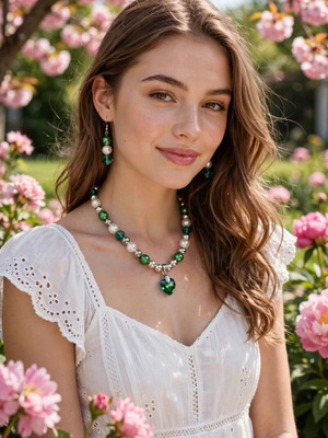 Handmade green and white heart shape necklace and earrings set