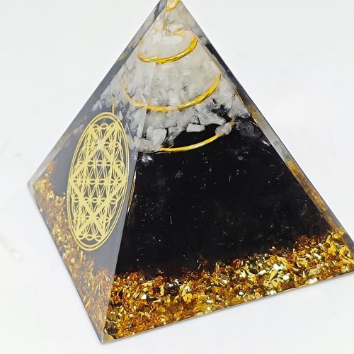 Orgonite pyramid with black tourmaline, quartz and Flower of Life symbol like new