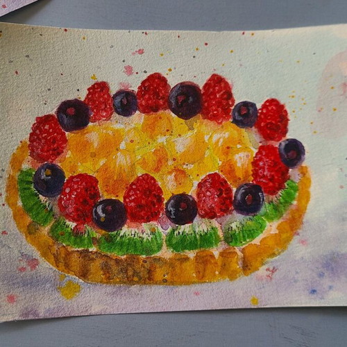 Watercolor artwork new, fruit tarts set of 2