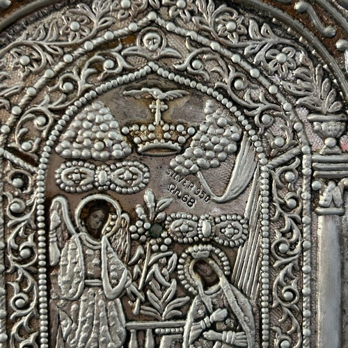 Religious icon of Panagia Tinos used, silver with 24k gold plating