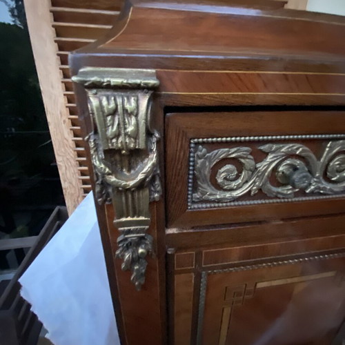 Classic wooden bar cabinet with marquetry and brass details, like new