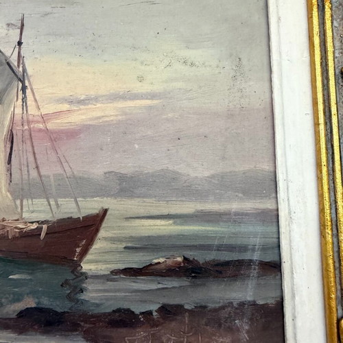 Ελαιογραφία θαλασσογραφία ανακαινισμένη με σκαλιστή χρυσή κορνίζα