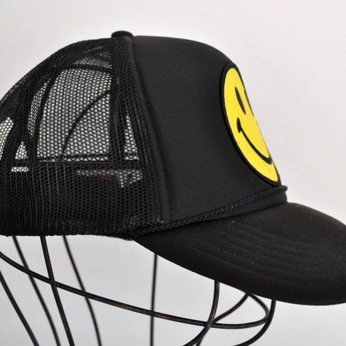 Aviator Nation Smiley Vintage Trucker Hat, black and yellow