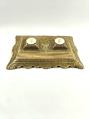 Antique brass double inkwell like new with carved designs
